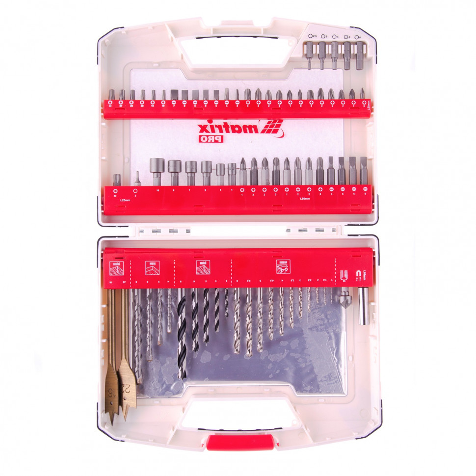 Набор сверл комбинированный, сверла по металлу 1-6 мм, бетону 4-8 мм, дереву 3-8 мм, перовые 16,22 м